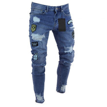 Load image into Gallery viewer, Men's Ripped jeans Badge Letters Hip-hop Skinny Jogging Denim Fashion Pencil Long Trousers Distressed Jeans For Men Clothing - nevaehshalo