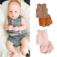 Load image into Gallery viewer, Girls and Boys Striped Sleeveless Button T-shirt+Shorts Sport - nevaehshalo