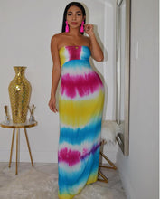 Load image into Gallery viewer, Women Strapless Tie Dye Stripe Print Lace Up Hollow Out Back Maxi Dress