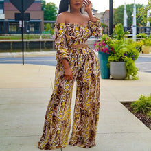 Load image into Gallery viewer, Sexy One-Shoulder Long-Sleeved Crop Top Printed Wide-Leg Pants Suit Two-Piece - nevaehshalo