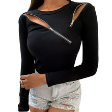 Load image into Gallery viewer, Women New Black Round Neck Long Sleeve Zipper Chain Slim Top