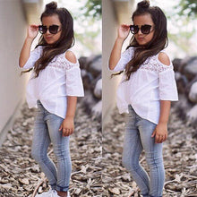Load image into Gallery viewer, Kids Girls Summer Lace Tops T-Shirt+Denim Jeans Pants Outfits Set - nevaehshalo