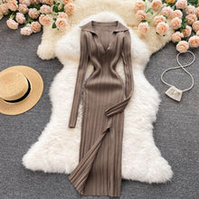 Load image into Gallery viewer, Women Korean Knitted Dress Long Sleeve V Neck Elastic Slim Pencil Dresses Autumn Sexy Bodycon Split Sweater Dress - nevaehshalo