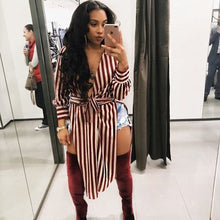Load image into Gallery viewer, Women Striped Shirt Dress With Sashes Side High Slit