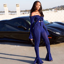 Load image into Gallery viewer, Sexy Woman Shining Wire 2 Piece Suit Tie Bow Off Shoulder Flare Sleeve Top And Skinny Pants High Stretchy Bell bottoms Outfits - nevaehshalo