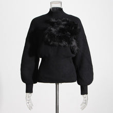 Load image into Gallery viewer, Patchwork Feather Knitting Sweater For Women Stand Collar Lantern Sleeve Solid Minimalist Sweaters Female Clothing