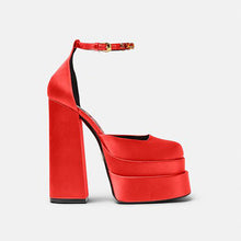 Load image into Gallery viewer, Super High Heel Platform Thick Heel Hollow Square Toe Satin Hate Sky High Baotou Plus Size Catwalk Sandals High Heels - nevaehshalo