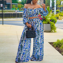Load image into Gallery viewer, Sexy One-Shoulder Long-Sleeved Crop Top Printed Wide-Leg Pants Suit Two-Piece - nevaehshalo