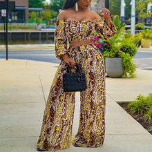 Load image into Gallery viewer, Sexy One-Shoulder Long-Sleeved Crop Top Printed Wide-Leg Pants Suit Two-Piece - nevaehshalo