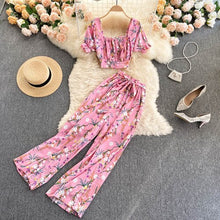 Load image into Gallery viewer, Summer Women Style Chiffon Printing Sweet Two Piece Set Short Shirt High Waist Wide Leg Pants - nevaehshalo