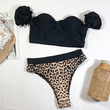 Load image into Gallery viewer, Swimwear Women Leopard Print Splice Bikini Push-Up Pad Swimwear Black Sexy - nevaehshalo