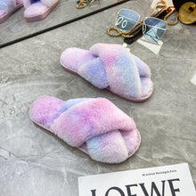 Load image into Gallery viewer, Autumn/Winter New Style Colorful Plush Slippers Cross Strap Soft Plush Flat-Bottomed Large Size Home Cotton Slippers Women's Shoes - nevaehshalo