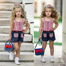 Load image into Gallery viewer, Children girls clothes Summer Girl Outfits teenage girls clothing Crop Top Denim Shorts Headband - nevaehshalo