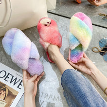 Load image into Gallery viewer, Autumn/Winter New Style Colorful Plush Slippers Cross Strap Soft Plush Flat-Bottomed Large Size Home Cotton Slippers Women's Shoes - nevaehshalo