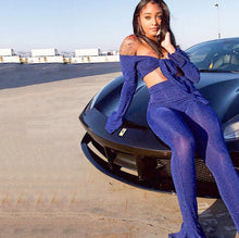 Load image into Gallery viewer, Sexy Woman Shining Wire 2 Piece Suit Tie Bow Off Shoulder Flare Sleeve Top And Skinny Pants High Stretchy Bell bottoms Outfits - nevaehshalo