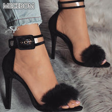 Load image into Gallery viewer, Women Pumps Snake Black High Thin Heels Ankle Strap Platform Fluffy Rabbit Fur