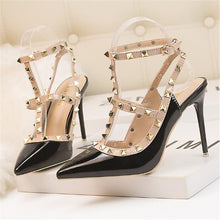 Load image into Gallery viewer, New 10CM woman Sexy nightclub stiletto heels patent-leather metallic rivet hollow Roman fashion sandals - nevaehshalo