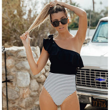 Load image into Gallery viewer, Sexy One Shoulder Ruffle Swimwear Lace One Pieces Swimsuit Black White Striped Bathing Suits Beach Wear Swim Monokini S-XL - nevaehshalo
