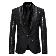 Load image into Gallery viewer, Black Sequin One Button Shawl Collar Suit Jacket Men Bling Glitter Nightclub Prom DJ Blazer Jacket Men Stage Clothes for Singers - nevaehshalo