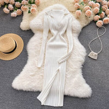 Load image into Gallery viewer, Women Korean Knitted Dress Long Sleeve V Neck Elastic Slim Pencil Dresses Autumn Sexy Bodycon Split Sweater Dress - nevaehshalo