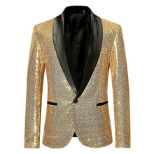 Load image into Gallery viewer, Black Sequin One Button Shawl Collar Suit Jacket Men Bling Glitter Nightclub Prom DJ Blazer Jacket Men Stage Clothes for Singers - nevaehshalo