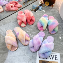 Load image into Gallery viewer, Autumn/Winter New Style Colorful Plush Slippers Cross Strap Soft Plush Flat-Bottomed Large Size Home Cotton Slippers Women's Shoes - nevaehshalo