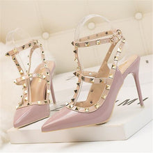 Load image into Gallery viewer, New 10CM woman Sexy nightclub stiletto heels patent-leather metallic rivet hollow Roman fashion sandals - nevaehshalo