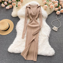 Load image into Gallery viewer, Women Korean Knitted Dress Long Sleeve V Neck Elastic Slim Pencil Dresses Autumn Sexy Bodycon Split Sweater Dress - nevaehshalo