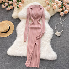 Load image into Gallery viewer, Women Korean Knitted Dress Long Sleeve V Neck Elastic Slim Pencil Dresses Autumn Sexy Bodycon Split Sweater Dress - nevaehshalo