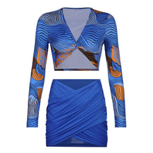 Load image into Gallery viewer, Women Temperament Print Top Cross Skirt Suit Long Sleeve 2 Piece Set