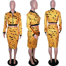 Load image into Gallery viewer, Two Piece Matching Set Black Yellow Print Clothes Long Sleeve Front Zipper Top+ Skirts - nevaehshalo