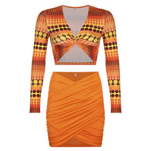 Load image into Gallery viewer, Women Temperament Print Top Cross Skirt Suit Long Sleeve 2 Piece Set