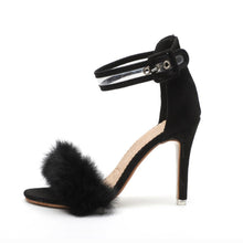 Load image into Gallery viewer, Women Pumps Snake Black High Thin Heels Ankle Strap Platform Fluffy Rabbit Fur
