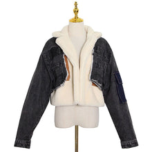 Load image into Gallery viewer, Plush thick denim stitching faux lamb wool lapel cotton jacket ladies jacket - nevaehshalo