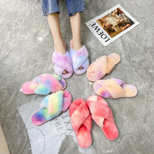 Load image into Gallery viewer, Autumn/Winter New Style Colorful Plush Slippers Cross Strap Soft Plush Flat-Bottomed Large Size Home Cotton Slippers Women's Shoes - nevaehshalo