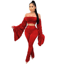 Load image into Gallery viewer, Spring Summer Two Piece Set Women Solid One Shoulder Shirring 2 Piece Sets Pant Suits Club Outfits Streetwear Wholesale Items - nevaehshalo