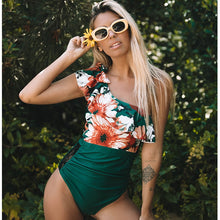 Load image into Gallery viewer, Sexy One Shoulder Ruffle Swimwear Lace One Pieces Swimsuit Black White Striped Bathing Suits Beach Wear Swim Monokini S-XL - nevaehshalo