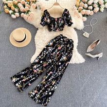 Load image into Gallery viewer, Summer Women Style Chiffon Printing Sweet Two Piece Set Short Shirt High Waist Wide Leg Pants - nevaehshalo