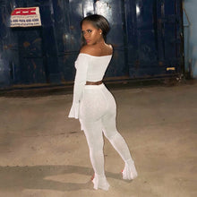 Load image into Gallery viewer, Sexy Woman Shining Wire 2 Piece Suit Tie Bow Off Shoulder Flare Sleeve Top And Skinny Pants High Stretchy Bell bottoms Outfits - nevaehshalo