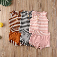 Load image into Gallery viewer, Girls and Boys Striped Sleeveless Button T-shirt+Shorts Sport - nevaehshalo