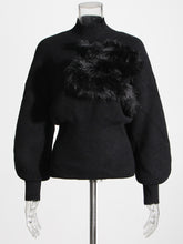 Load image into Gallery viewer, Patchwork Feather Knitting Sweater For Women Stand Collar Lantern Sleeve Solid Minimalist Sweaters Female Clothing