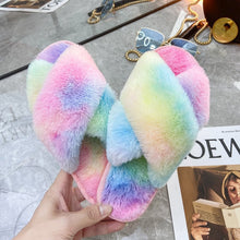 Load image into Gallery viewer, Autumn/Winter New Style Colorful Plush Slippers Cross Strap Soft Plush Flat-Bottomed Large Size Home Cotton Slippers Women's Shoes - nevaehshalo