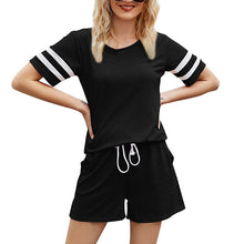 Load image into Gallery viewer, Spring and summer new women's short-sleeved striped T-shirt pocket shorts casual two-piece suit - nevaehshalo