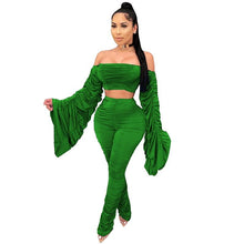 Load image into Gallery viewer, Spring Summer Two Piece Set Women Solid One Shoulder Shirring 2 Piece Sets Pant Suits Club Outfits Streetwear Wholesale Items - nevaehshalo