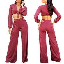 Load image into Gallery viewer, Sexy Lace Up Long Sleeved Top High Waisted Flared Pants - nevaehshalo