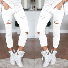 Load image into Gallery viewer, Skinny Jeans Women Denim Pants Holes Destroyed Knee Pencil Pants Casual Trousers Black White Stretch Ripped Jeans - nevaehshalo