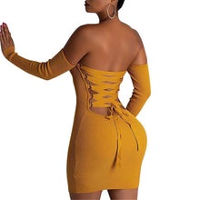 Load image into Gallery viewer, Knitted Long Sleeve Mini Dress Off Shoulder Backless Lace Up - nevaehshalo