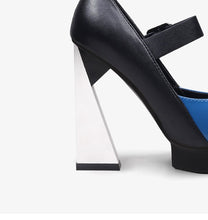 Load image into Gallery viewer, New Platform Women Pointed Toe Blue Mixed Black Leather High Heels