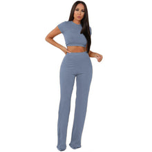 Load image into Gallery viewer, Women knitted long sleeve o-neck crop top wide leg pants 2 piece set for female women tops pants two pieces sets women's suits - nevaehshalo