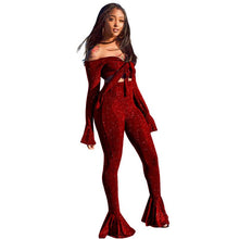 Load image into Gallery viewer, Sexy Woman Shining Wire 2 Piece Suit Tie Bow Off Shoulder Flare Sleeve Top And Skinny Pants High Stretchy Bell bottoms Outfits - nevaehshalo